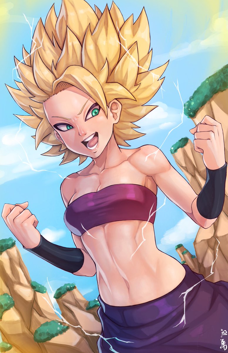 1girl aqua_eyes bare_shoulders blonde_hair blue_sky breasts caulifla cleavage clenched_hands clouds dragon_ball dragon_ball_super its_just_suppi navel open_mouth saiyan sky smile solo spiky_hair stomach strapless teeth tubetop vambraces