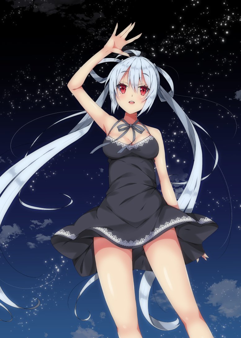 1girl arm_up bangs bare_arms barefoot black_dress black_ribbon blush breasts cleavage clouds commentary_request dress eyebrows_visible_through_hair hair_between_eyes hair_rings long_hair matoi_(pso2) medium_breasts milkpanda night night_sky outdoors parted_lips phantasy_star phantasy_star_online_2 red_eyes ribbon sidelocks silver_hair sky sleeveless sleeveless_dress solo standing star_(sky) starry_sky twintails upper_teeth very_long_hair