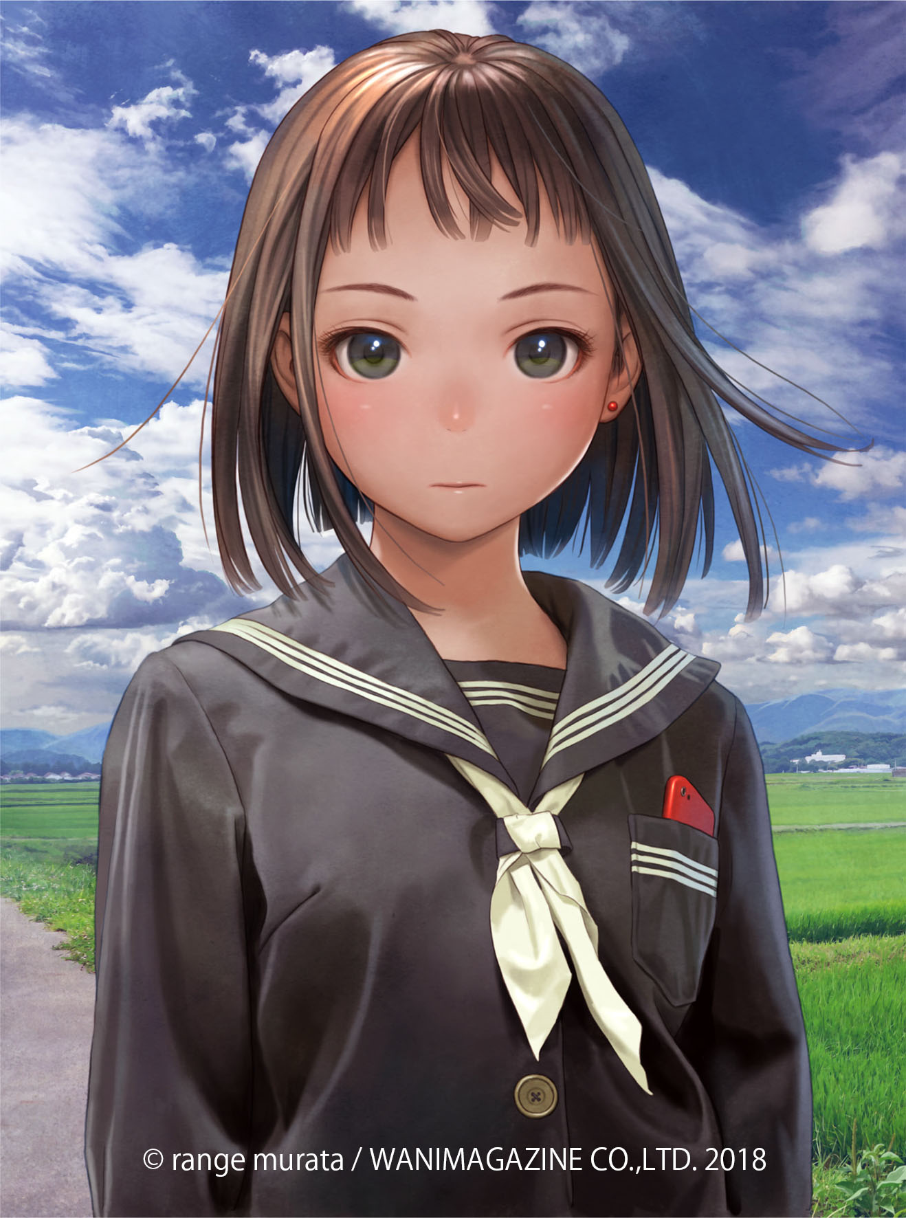 1girl brown_hair cellphone clouds green_eyes highres looking_at_viewer murata_renji original phone school_uniform short_hair sky solo