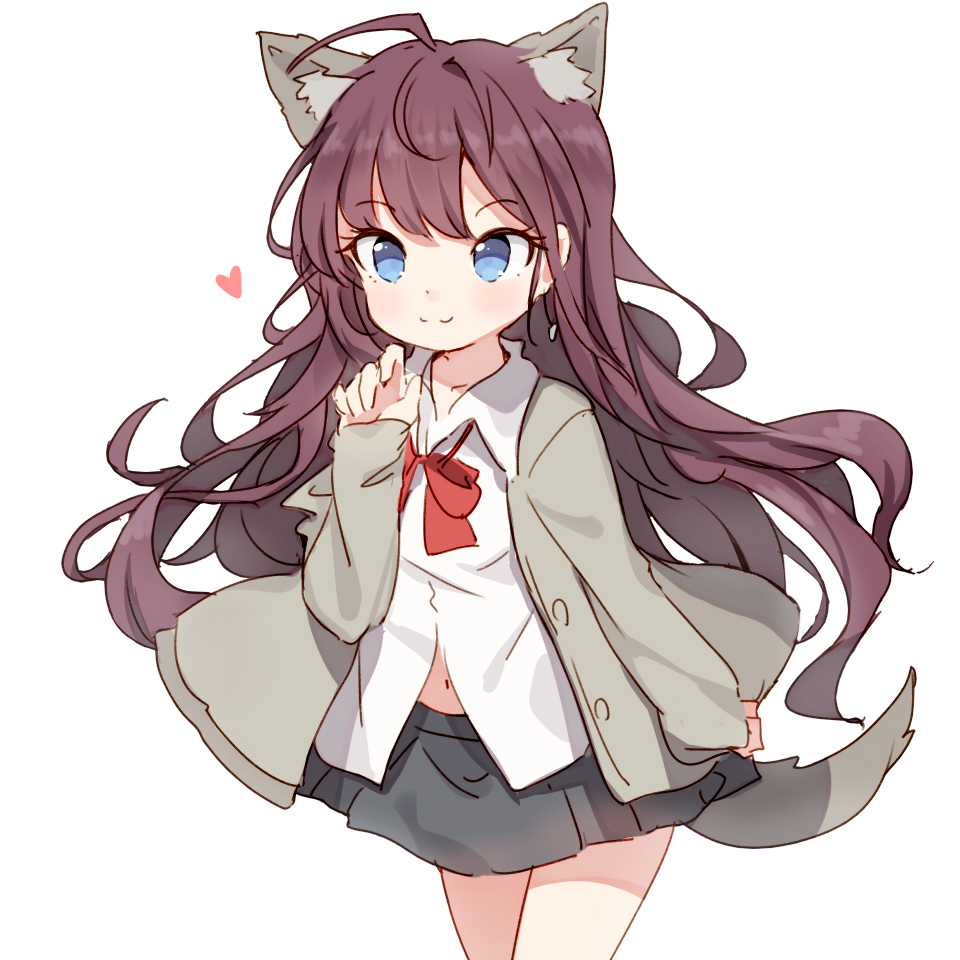 1girl :3 ahoge animal_ears blue_eyes brown_hair cat_ears cat_tail eyebrows_visible_through_hair grey_jacket hand_up ichinose_shiki idolmaster idolmaster_cinderella_girls jacket long_hair red_neckwear shirt shone simple_background skirt solo tail white_background white_shirt