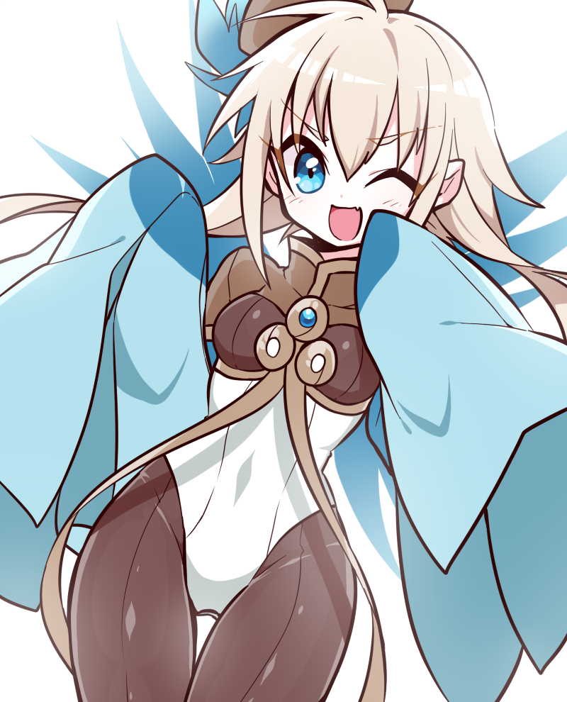 1girl ;d bangs blonde_hair blue_eyes blush breasts cowboy_shot eyebrows_visible_through_hair fang gen_6_pokemon hair_between_eyes honedge long_hair long_sleeves looking_at_viewer momoshiro one_eye_closed open_mouth personification platinum_blonde pokemon simple_background sleeves_past_fingers sleeves_past_wrists small_breasts smile solo thigh_gap v-shaped_eyebrows white_background wide_sleeves
