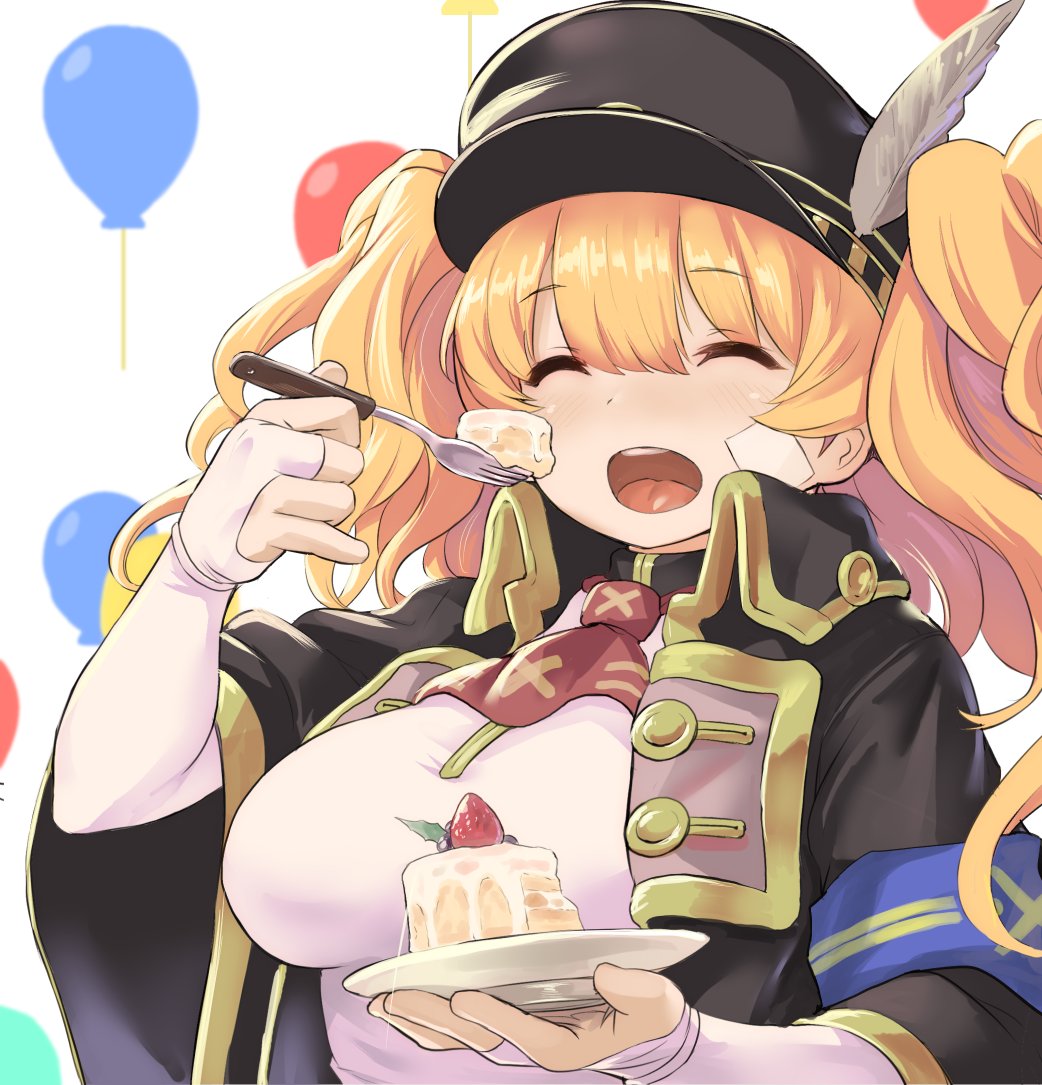 1girl bangs blonde_hair breasts cake cape closed_eyes fingerless_gloves food fork gloves granblue_fantasy hat kztk large_breasts long_hair monica_weisswind open_mouth peaked_cap twintails upper_body