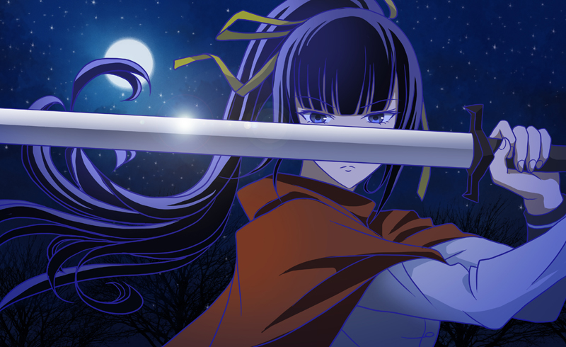 1girl bangs black_hair blunt_bangs full_moon hair_ribbon k-ta long_hair looking_at_viewer moon narberal_gamma night overlord_(maruyama) ponytail ribbon sky solo star_(sky) starry_sky sword violet_eyes weapon yellow_ribbon