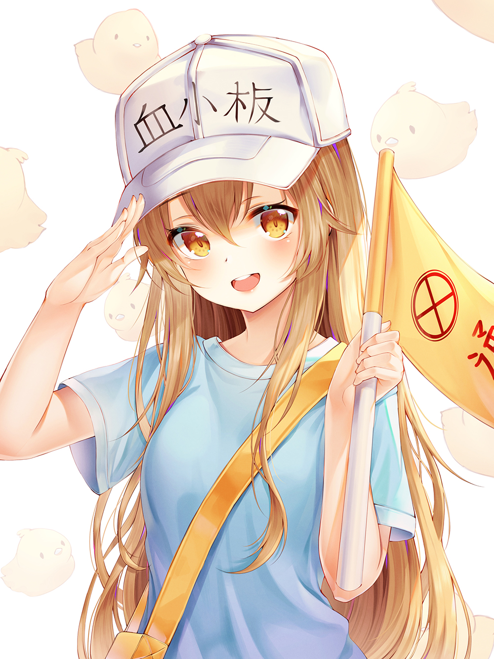 1girl :d animal bangs bird blue_shirt blush breasts brown_eyes brown_hair character_name chick cowboy_shot eyebrows_visible_through_hair flag flat_cap hair_between_eyes hat hataraku_saibou head_tilt highres light_brown_hair long_hair looking_at_viewer mellozzo open_mouth platelet_(hataraku_saibou) salute shirt short_sleeves small_breasts smile solo teeth translated very_long_hair white_hat