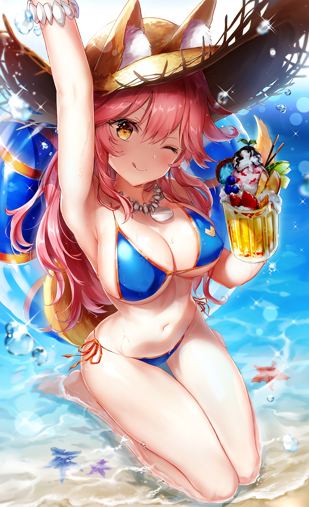 1girl animal_ears arm_up bangs bare_shoulders beach bikini blue_bikini blush bracelet breasts closed_mouth collarbone cup ears_through_headwear fate/extra fate/grand_order fate_(series) food fox_ears fox_tail fruit hair_between_eyes hat highres ice_cream innertube jewelry large_breasts licking_lips long_hair looking_at_viewer mug narae navel necklace ocean one_eye_closed pink_hair pocky sidelocks smile solo sparkle starfish straw_hat sun_hat swimsuit tail tamamo_(fate)_(all) tamamo_no_mae_(swimsuit_lancer)_(fate) tongue tongue_out water_drop yellow_eyes