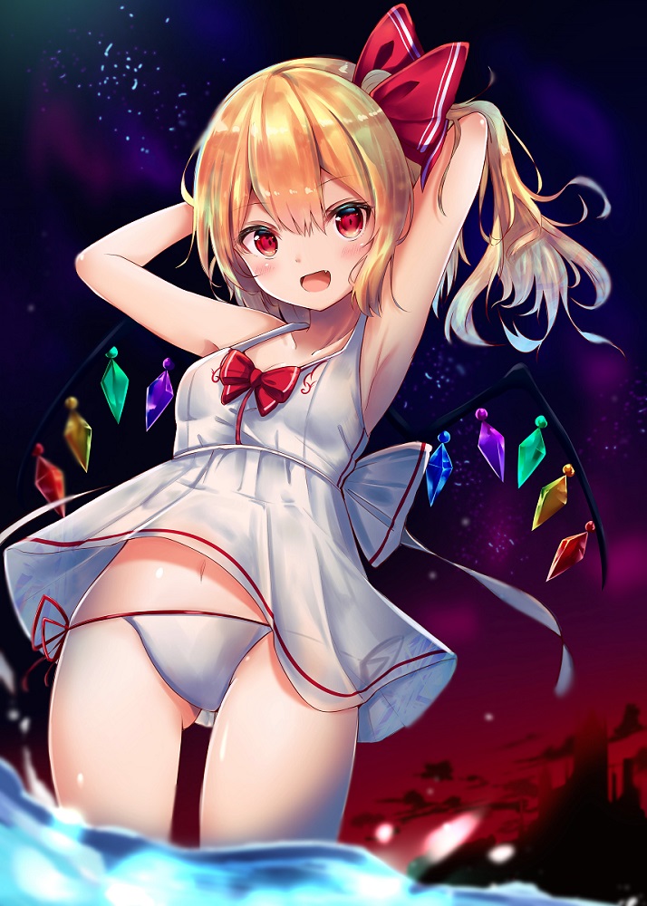 1girl alternate_costume armpits arms_behind_head arms_up ass_visible_through_thighs bare_arms bare_shoulders bikini bikini_under_clothes blonde_hair blue_sky blush bow breasts cleavage clouds collarbone commentary_request cowboy_shot crystal dress eyebrows_visible_through_hair fang flandre_scarlet gradient_sky hair_between_eyes hair_bow long_hair looking_at_viewer navel night night_sky no_hat no_headwear one_side_up open_mouth purple_sky red_bow red_eyes red_sky renka_(cloudsaikou) shiny shiny_skin side-tie_bikini sky small_breasts smile solo standing stomach swimsuit thighs touhou water white_bikini white_dress wings