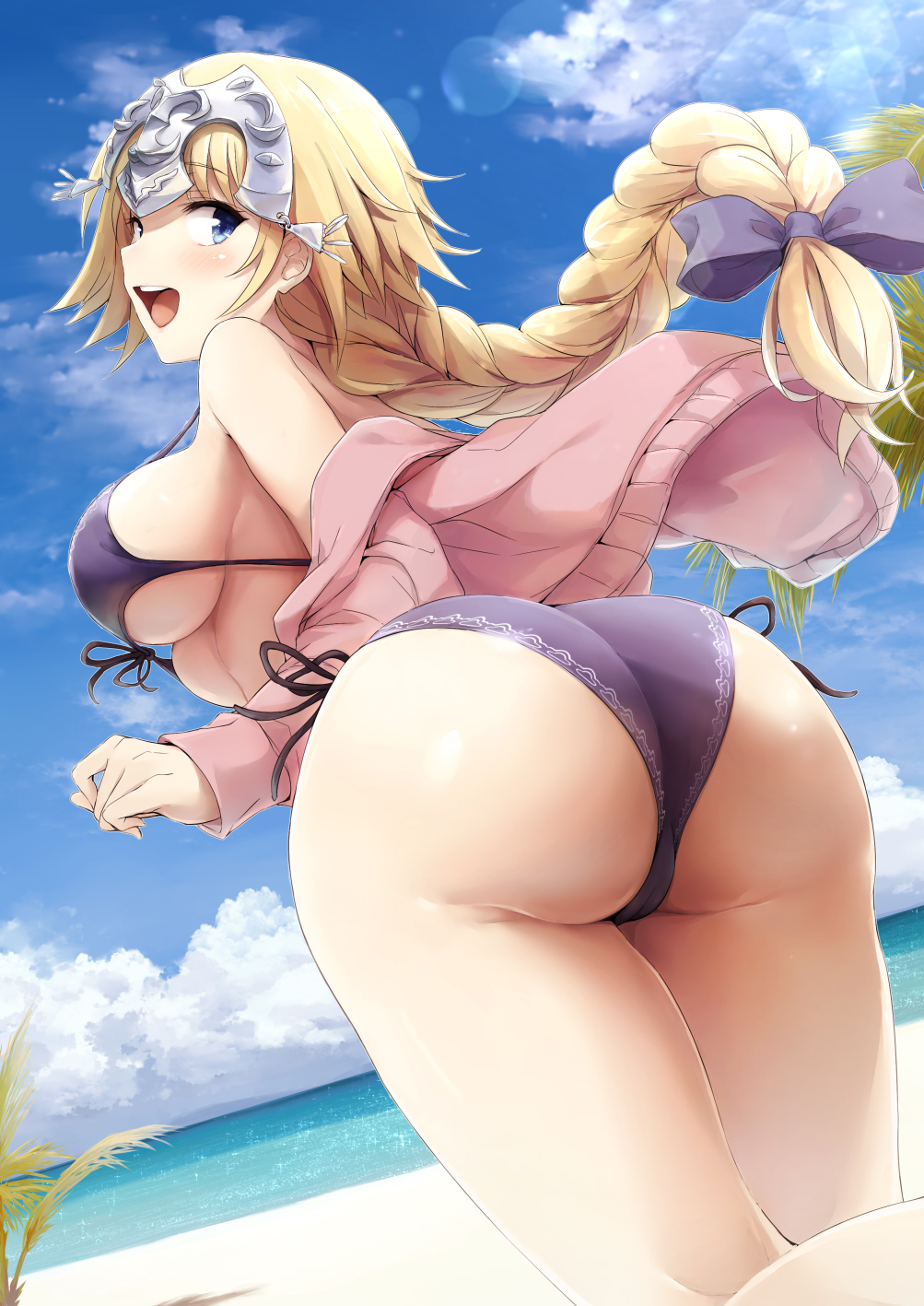 1girl akita_hika ass bangs beach bikini blonde_hair blue_eyes blue_sky blush bow braid breasts clouds commentary_request fate/apocrypha fate_(series) front-tie_bikini front-tie_top hair_bow headpiece highres hips jacket jeanne_d'arc_(fate) jeanne_d'arc_(fate)_(all) large_breasts long_braid long_hair looking_at_viewer looking_back ocean off_shoulder open_clothes open_jacket open_mouth palm_leaf palm_tree pink_jacket purple_bikini purple_bow side-tie_bikini single_braid sky smile solo sunlight swimsuit thighs tree very_long_hair water