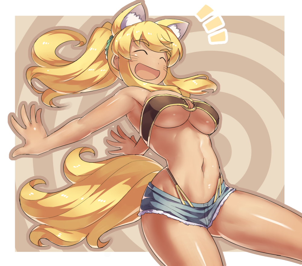 /\/\/\ 1girl ^_^ animal_ears arms_behind_back bare_arms bare_shoulders beltbra blonde_hair blue_shorts breasts closed_eyes cutoffs dark_skin extra_ears eyebrows_visible_through_hair liru long_hair medium_breasts monosenbei navel ponytail renkin_san-kyuu_magical_pokaan short_shorts shorts solo tail thick_eyebrows thighs under_boob whisker_markings wolf_ears wolf_girl wolf_tail