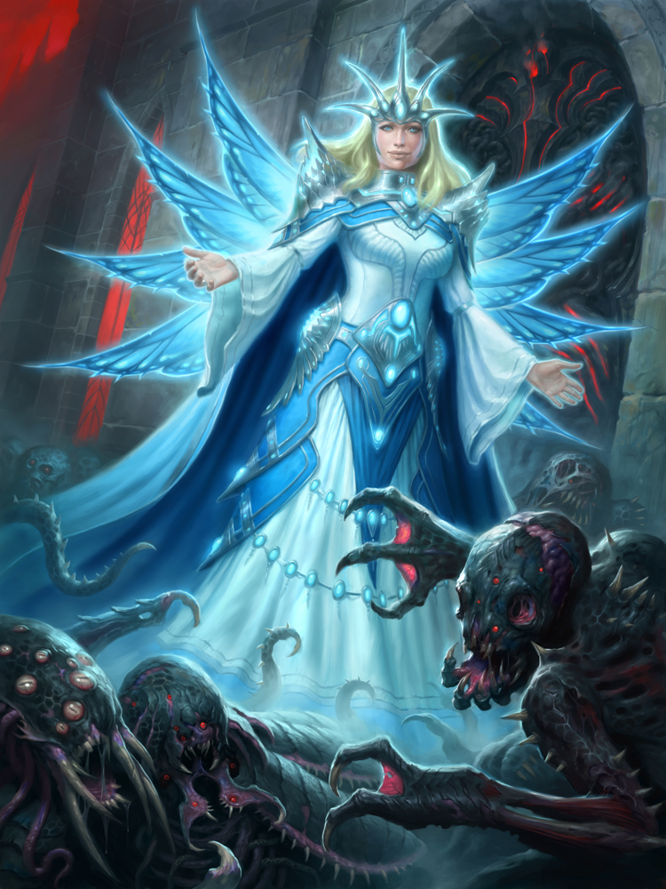 1girl blonde_hair blue_eyes butterfly_wings dress extra_eyes fangs james_ryman legend_of_the_cryptids long_hair monster official_art open_mouth red_eyes solo tentacle tiara wings