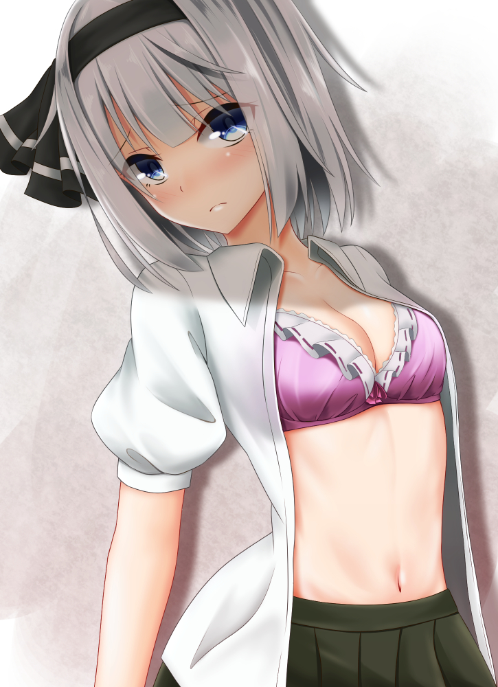 1girl bangs blue_eyes blunt_bangs bra breasts cleavage closed_mouth eyebrows_visible_through_hair green_skirt grey_hair hairband konpaku_youmu medium_breasts navel open_clothes open_shirt pink_bra puffy_short_sleeves puffy_sleeves ribbon-trimmed_bra santarou shirt short_hair short_sleeves skirt solo touhou underwear white_shirt