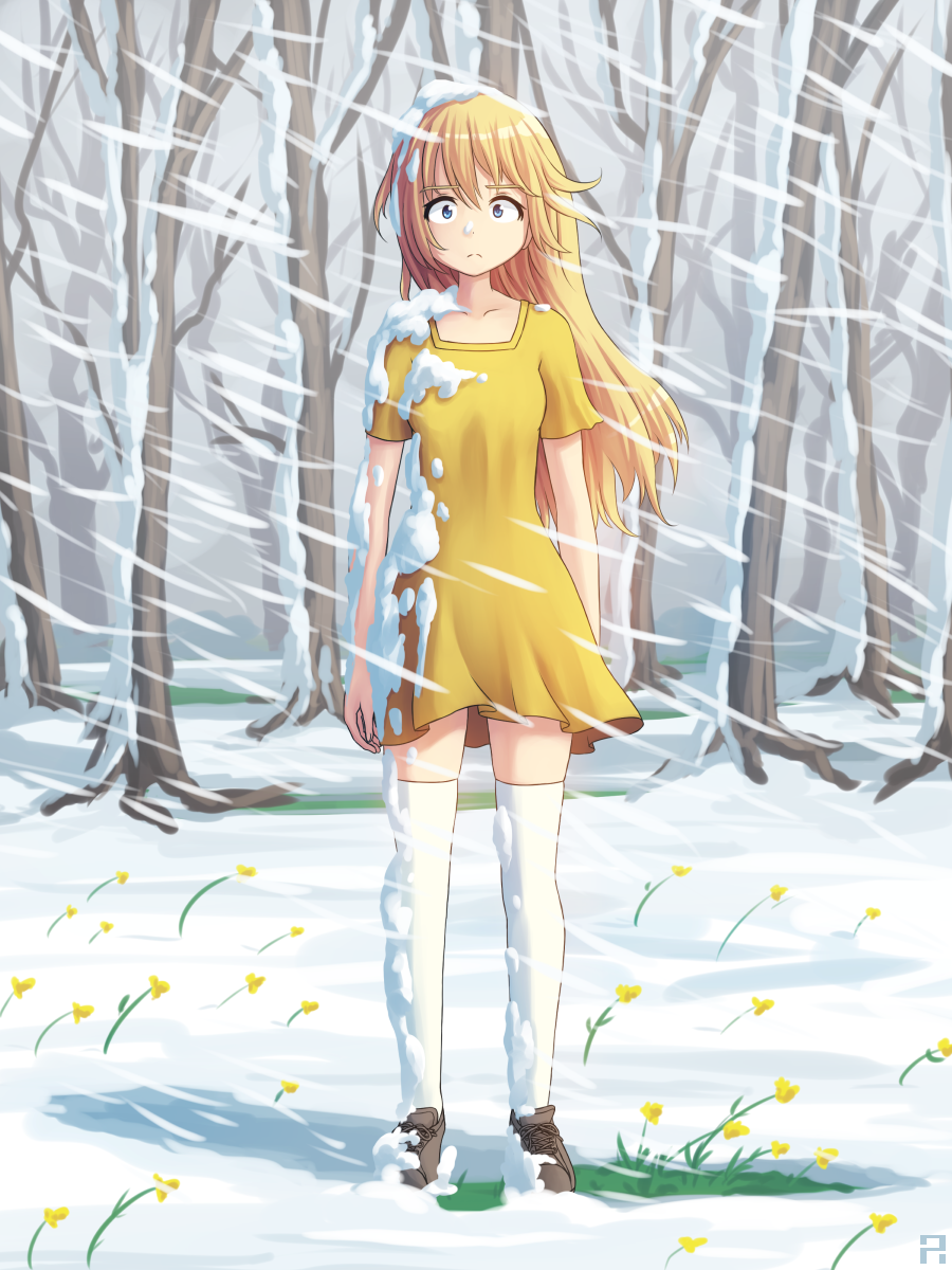 1girl aposine blonde_hair blue_eyes collarbone commentary dress english_commentary flower forest frown full_body highres long_hair looking_at_viewer nature original shoes short_dress short_sleeves snow snowflakes snowing solo standing thigh-highs tree white_legwear wind yellow_dress