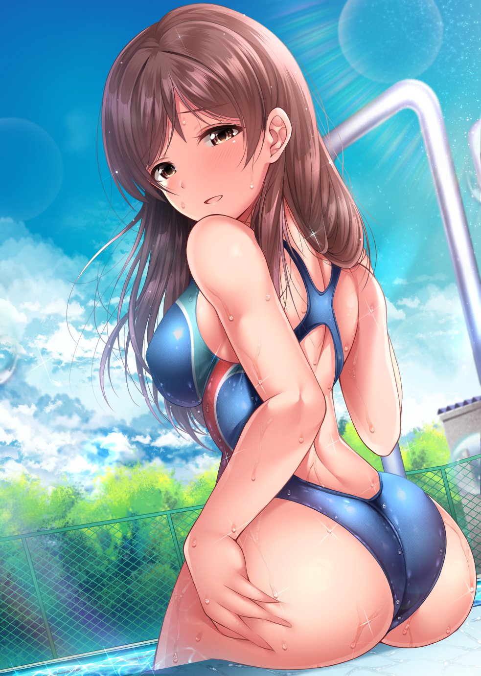 1girl ass back bangs bare_shoulders blue_sky blue_swimsuit blush breasts brown_eyes brown_hair competition_swimsuit fence garana hand_on_hip highres hips idolmaster idolmaster_cinderella_girls large_breasts lens_flare light_particles long_hair looking_at_viewer looking_back nitta_minami one-piece_swimsuit open_mouth parted_lips pool poolside sitting sky smile solo sunlight swept_bangs swimsuit tree waist