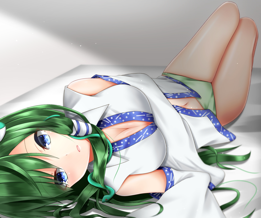 1girl bangs bare_shoulders blue_eyes blush breasts cleavage detached_sleeves eyebrows_visible_through_hair frog_hair_ornament green_hair green_panties hair_ornament hair_tubes kochiya_sanae large_breasts long_hair lying navel no_pants on_back on_bed open_mouth panties santarou snake_hair_ornament solo touhou underwear vest white_vest