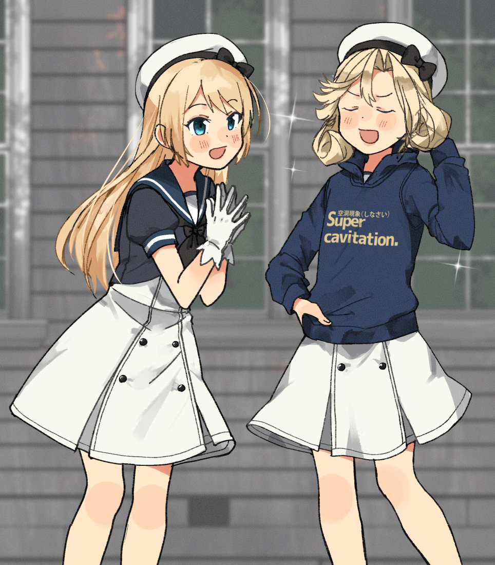 2girls annin_musou black_sailor_collar blonde_hair blue_eyes blue_shirt blush closed_eyes clothes_writing dress eyebrows_visible_through_hair feet_out_of_frame gloves hair_between_eyes hat janus_(kantai_collection) jervis_(kantai_collection) kantai_collection long_hair long_sleeves multiple_girls open_mouth sailor_collar sailor_dress sailor_hat shirt short_hair short_sleeves smile sparkle white_dress white_gloves white_headwear