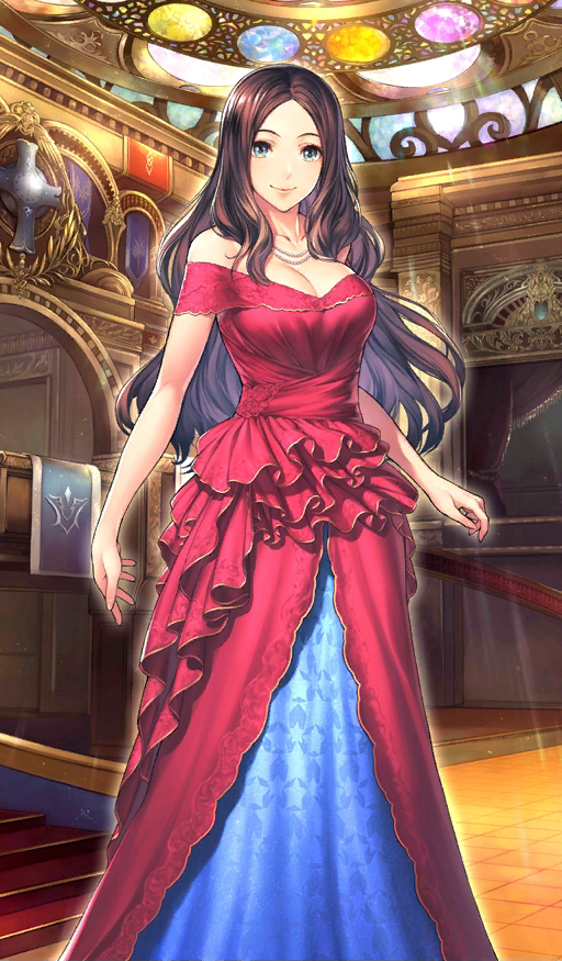 1girl bangs bare_shoulders blue_eyes breasts brown_hair cleavage collarbone craft_essence dress fate/grand_order fate_(series) jewelry large_breasts leonardo_da_vinci_(fate/grand_order) long_dress long_hair looking_at_viewer necklace off-shoulder_dress off_shoulder official_art parted_bangs red_dress simosi smile solo strapless strapless_dress wavy_hair