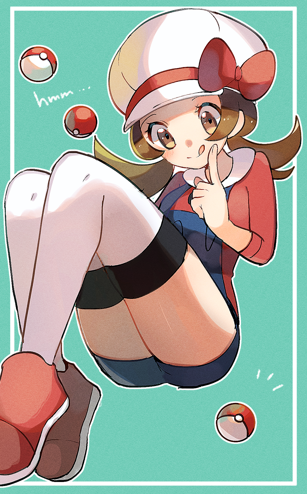 1girl aqua_background blush bow brown_eyes brown_hair cabbie_hat closed_mouth hat hat_bow highres index_finger_raised kotone_(pokemon) long_hair outline overalls poke_ball poke_ball_(generic) pokemon pokemon_(game) pokemon_hgss red_bow red_footwear ririmon shoes sleeves_past_elbows smile solo thigh-highs thighs tongue tongue_out twintails white_hat white_legwear white_outline