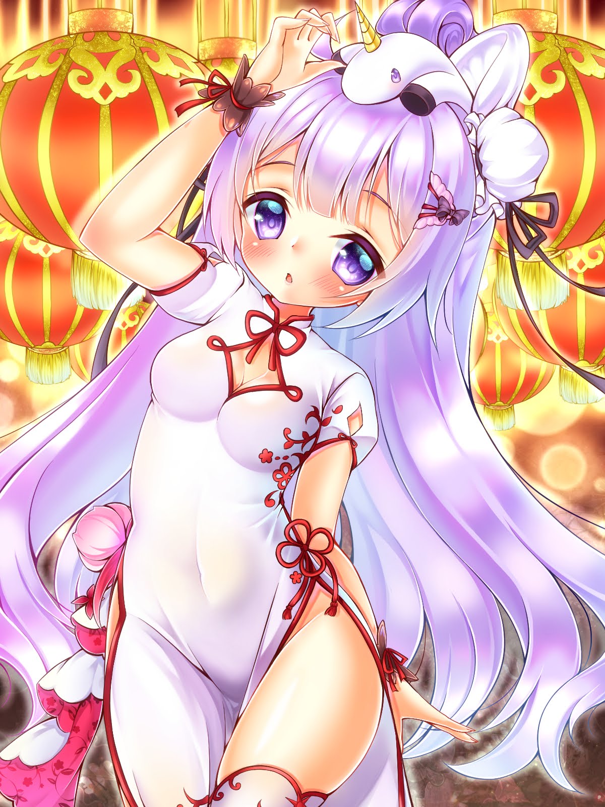 1girl arm_up azur_lane bangs black_bow blush bow breasts bun_cover china_dress chinese_clothes cleavage cleavage_cutout commentary_request covered_navel double_bun dress eyebrows_visible_through_hair fingernails groin hair_bow hair_ornament hairclip highres lantern leaning_to_the_side long_hair looking_at_viewer medium_breasts mirai_(happy-floral) on_head paper_lantern parted_lips pelvic_curtain puffy_short_sleeves puffy_sleeves purple_hair short_sleeves side_bun solo stuffed_animal stuffed_pegasus stuffed_toy stuffed_unicorn thigh-highs unicorn_(azur_lane) very_long_hair violet_eyes white_dress white_legwear wrist_cuffs