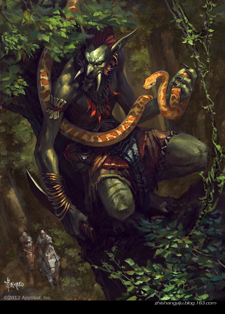 1boy armor artist_name barefoot bayard_wu beard bracelet dagger faceless faceless_male facial_hair fangs green_eyes green_skin helmet horse jewelry leaf legend_of_the_cryptids male_focus nail_polish necklace official_art pointy_ears redhead shirtless solo tree troll weapon