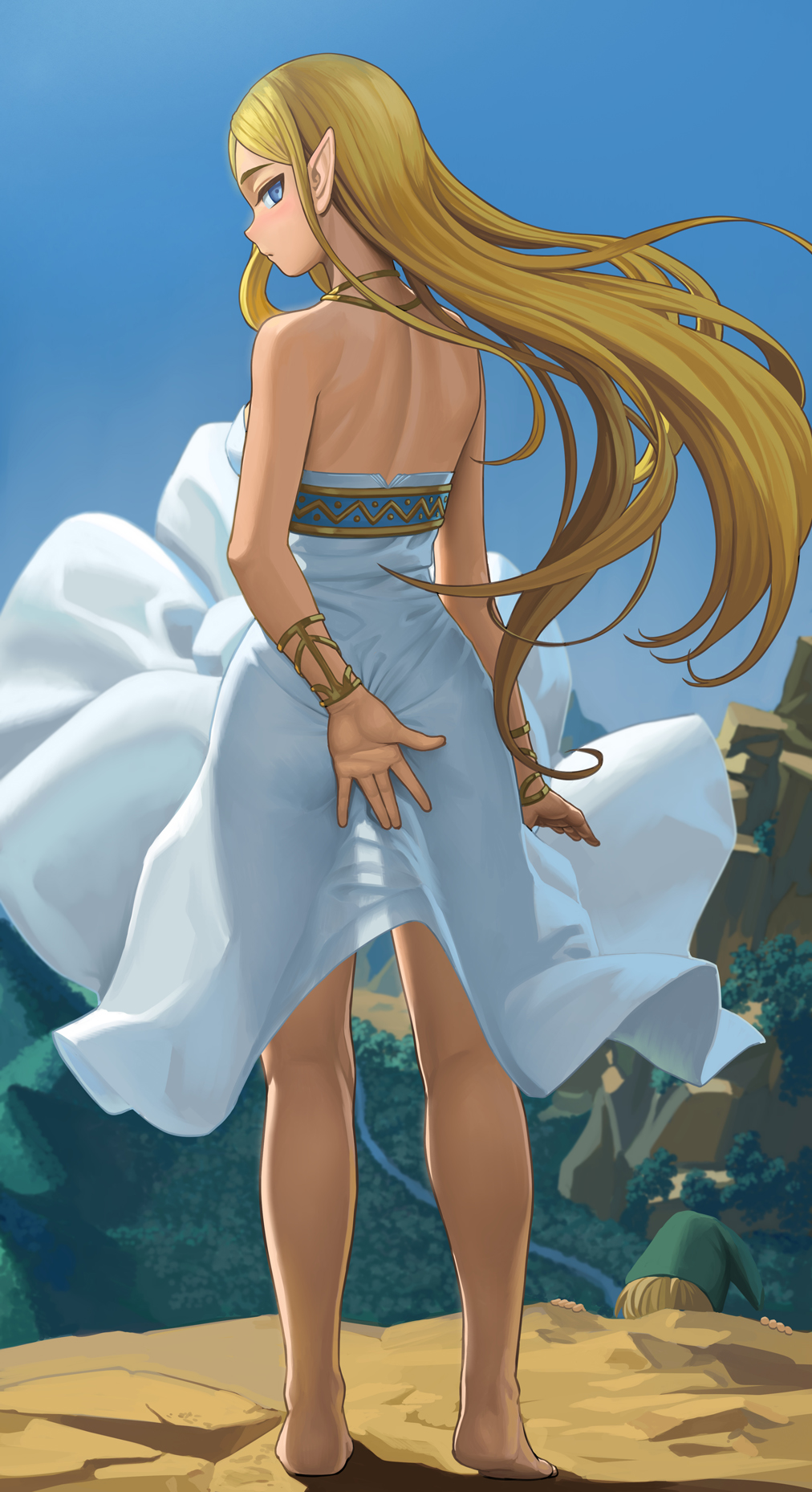 1girl bare_shoulders barefoot blonde_hair blue_eyes bracelet cliff commentary covering covering_ass dress from_behind highres jewelry lasterk link long_hair looking_at_viewer looking_back necklace pointy_ears princess_zelda see-through_silhouette solo_focus strapless sundress the_legend_of_zelda the_legend_of_zelda:_breath_of_the_wild very_long_hair white_dress