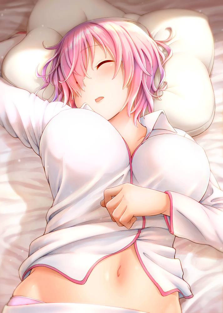 1girl arm_up bangs bed bed_sheet blush breasts closed_eyes collared_shirt commentary_request eyebrows_visible_through_hair fate/grand_order fate_(series) hair_over_one_eye indoors large_breasts lavender_hair long_sleeves lying mash_kyrielight navel on_back on_bed open_mouth otonari panties pillow pink_panties shirt short_hair sleeping solo underwear white_shirt wing_collar