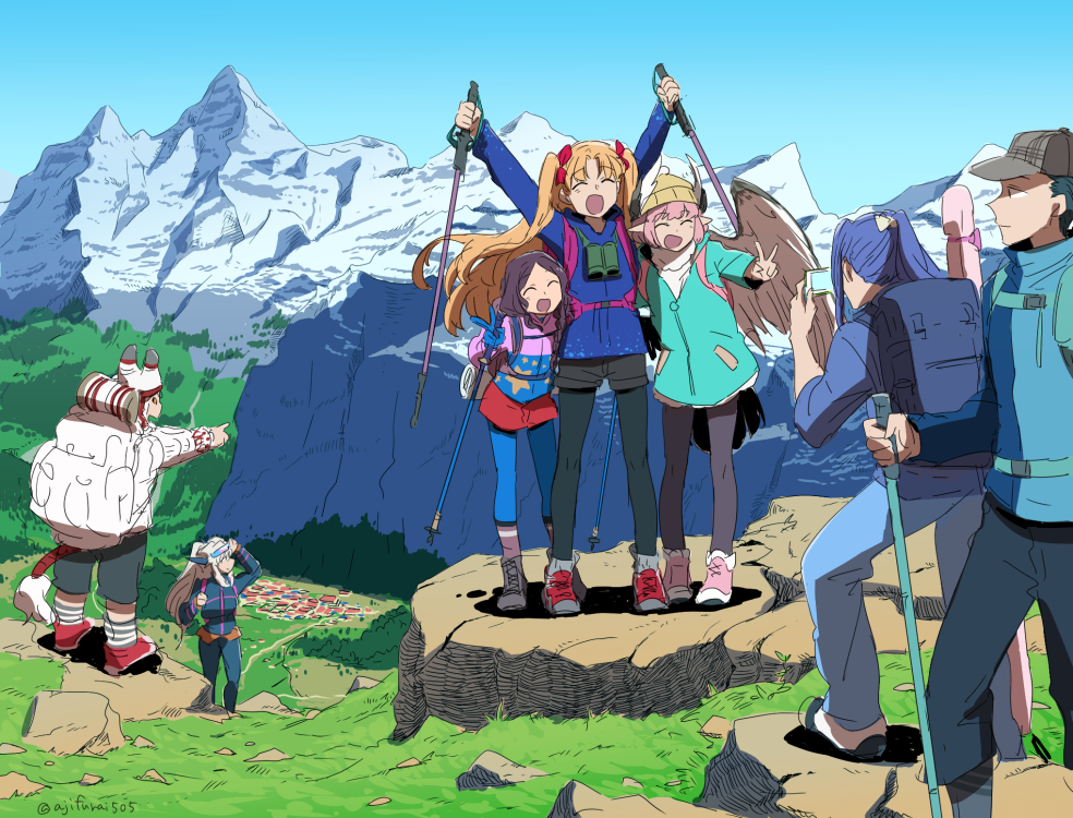 3boys 4girls :d \o/ ^_^ alps arm_up arms_up artoria_pendragon_(all) artoria_pendragon_(lancer_alter) asaya_minoru asterios_(fate/grand_order) backpack bag beanie binoculars black_legwear black_sclera black_shorts blonde_hair blue_backpack blue_gloves blue_hair blue_jacket blue_legwear blue_pants blue_sky boots bow braid brown_backpack brown_hair brown_hat brown_legwear brown_wings cellphone character_request circe_(fate/grand_order) closed_eyes closed_mouth commentary_request day ereshkigal_(fate/grand_order) fate/grand_order fate_(series) feathered_wings girl_sandwich gloves grey_footwear hair_bow hat high_ponytail holding holding_cellphone holding_phone jacket leonardo_da_vinci_(fate/grand_order) long_hair long_sleeves looking_away looking_to_the_side mountain multiple_boys multiple_girls open_mouth outdoors outstretched_arm outstretched_arms pants pantyhose phone pink_backpack pink_footwear pink_hair pointing ponytail profile red_bow red_eyes red_footwear red_skirt rock sandwiched sasaki_kojirou sherlock_holmes_(fate/grand_order) shoes short_shorts shorts side_braid skirt sky smile socks standing striped striped_legwear tail taking_picture two_side_up v very_long_hair walking_stick white_backpack white_hair white_hat wings yellow_hat