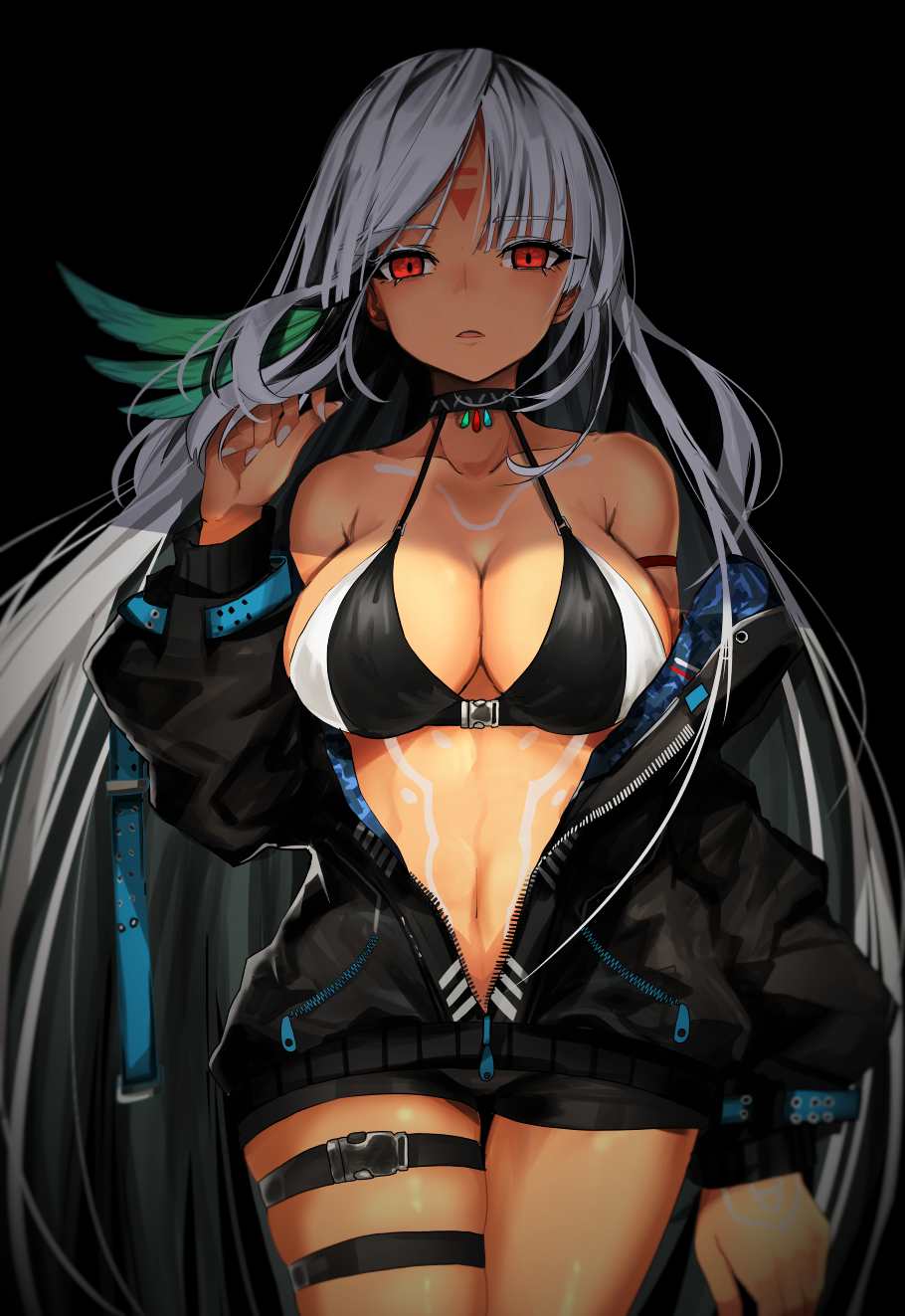 1girl azur_lane bare_shoulders belt bikini_top black_hair black_jacket bodypaint breasts brown_eyes choker cleavage collarbone cowboy_shot dark_skin facepaint grey_hair grey_nails hand_up highres jacket jewelry large_breasts long_hair long_sleeves looking_at_viewer massachusetts_(azur_lane) multicolored_hair nail_polish naruwe native_american navel necklace open_clothes open_mouth partially_unzipped red_eyes silver_hair skindentation solo stomach swimsuit swimsuit_under_clothes tan thigh_strap thighs toned zipper