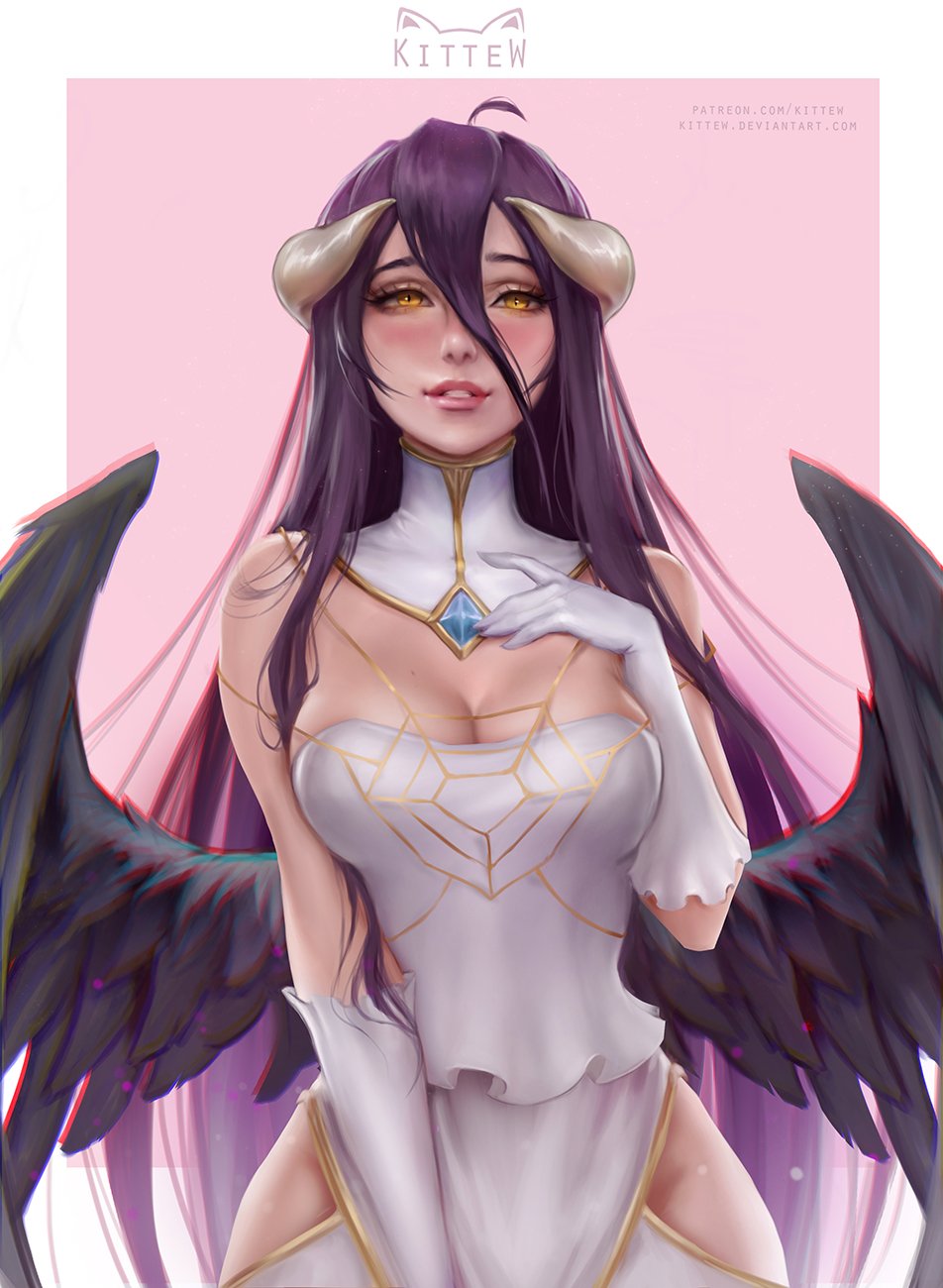 1girl ahoge albedo artist_name bare_shoulders black_hair black_wings blush breasts cleavage daria_leonova demon_girl demon_horns demon_wings detached_collar dress facing_viewer feathered_wings feathers gloves hair_between_eyes hand_on_own_chest highres hip_vent horns large_breasts looking_at_viewer low_wings overlord_(maruyama) parted_lips patreon_username pink_background slit_pupils white_dress white_gloves wings yellow_eyes