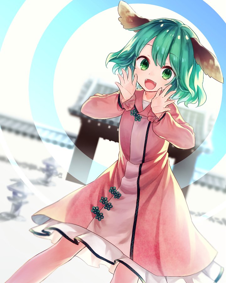 1girl :d akidzuki_haruhi animal_ears blurry blurry_background commentary_request dress eyebrows_visible_through_hair fangs feet_out_of_frame gate green_eyes green_hair hands_up kasodani_kyouko long_sleeves looking_at_viewer open_mouth outdoors petticoat pink_dress puffy_sleeves short_hair smile solo standing touhou