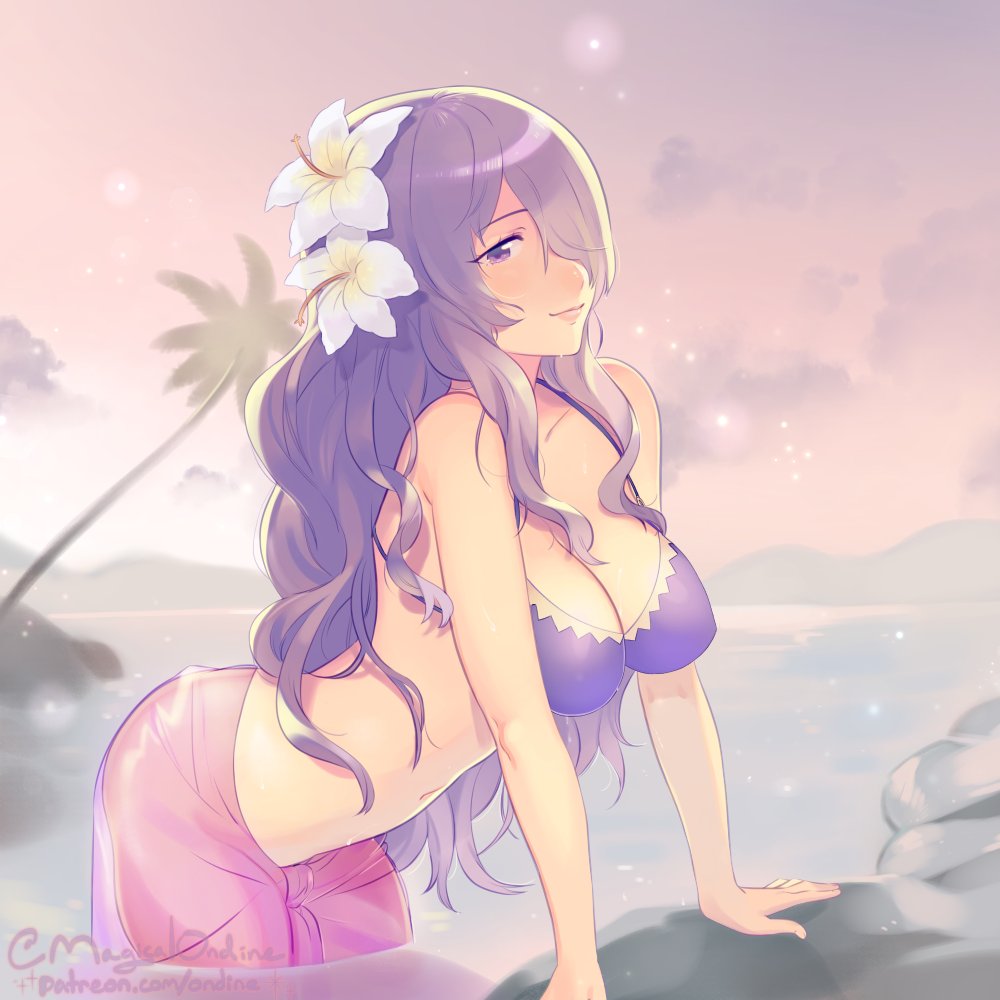 1girl artist_name bikini breasts camilla_(fire_emblem_if) cleavage closed_mouth clouds fire_emblem fire_emblem_heroes fire_emblem_if flower hair_flower hair_ornament hair_over_one_eye large_breasts long_hair magical_ondine palm_tree purple_hair sarong see-through sky solo swimsuit tree violet_eyes water