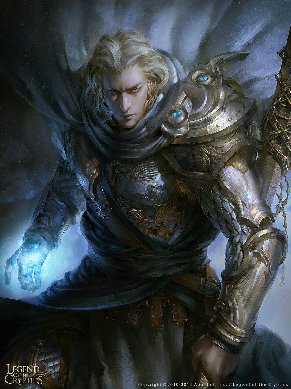 1boy armor brown_eyes cape chains copyright_name gloves highres justice_wong legend_of_the_cryptids long_hair magic male_focus official_art solo staff white_hair