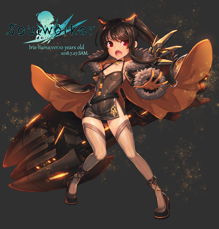 1girl belt black_coat black_dress black_hair black_legwear coat dress ecell fang huge_weapon iris_yuma long_hair open_mouth outstretched_arm ponytail red_eyes shoes short_dress solo soul_worker thigh-highs weapon wind wind_lift
