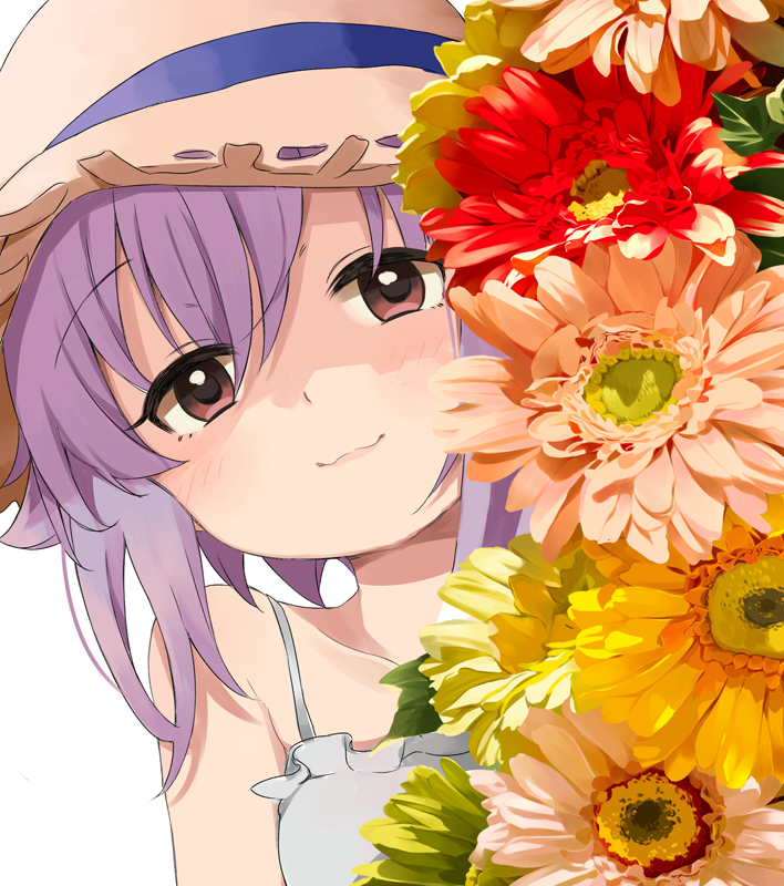 1girl bangs bare_shoulders dress eyebrows_visible_through_hair face flower flower_request hair_between_eyes hat idolmaster idolmaster_cinderella_girls kirarin369 koshimizu_sachiko looking_at_viewer peeking_out purple_hair red_eyes short_hair simple_background solo spaghetti_strap straw_hat white_background white_dress