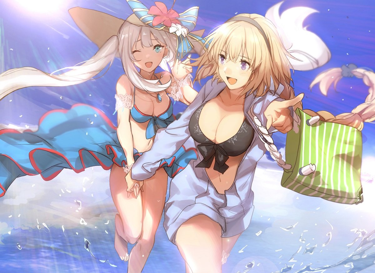 2girls bag bangs blonde_hair blue_eyes blue_sky breasts cleavage collarbone dress eyebrows_visible_through_hair fate/apocrypha fate/grand_order fate_(series) flower front-tie_top hair_between_eyes hairband hand_holding hat hat_flower hat_ribbon jeanne_d'arc_(fate) jeanne_d'arc_(fate)_(all) large_breasts long_hair long_sleeves marie_antoinette_(fate/grand_order) multiple_girls no-kan open_clothes open_mouth open_shirt outdoors ribbon running shopping_bag silver_hair sky smile sun sun_hat twintails very_long_hair violet_eyes water