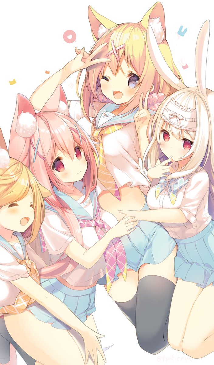 &gt;_&lt; 4girls ^_^ amamiya_aki amamiya_mei animal_ears bangs blonde_hair bow bunny_tail cardigan chibi circle_name closed_eyes closed_eyes cover cynthia_riddle doughnut dvd_cover eating extra_ears flower food fox_ears fox_tail hair_between_eyes hair_flower hair_ornament hair_scrunchie hand_to_own_mouth heart highres long_hair long_sleeves low_twintails milia_leclerc multiple_girls open_mouth original p19 pink_hair pink_scrunchie pleated_skirt polka_dot polka_dot_scrunchie rabbit_ears red_eyes school_uniform scrunchie shirt skirt smile swept_bangs tail twintails upper_body white_background white_hair white_shirt x_hair_ornament