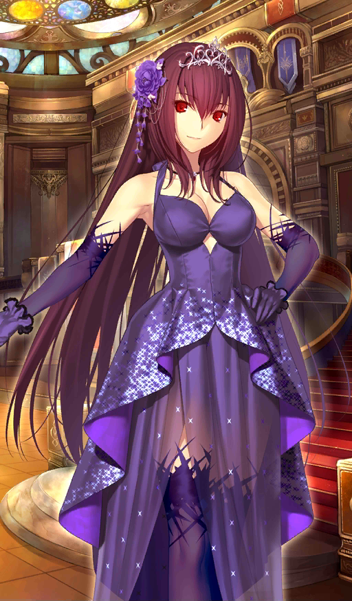 1girl breasts cleavage dress elbow_gloves fate/grand_order fate_(series) flower gloves hair_flower hair_ornament hand_on_hip heroic_spirit_formal_dress koyama_hirokazu large_breasts light_smile long_hair looking_at_viewer official_art purple_dress purple_gloves purple_hair purple_legwear red_eyes scathach_(fate)_(all) scathach_(fate/grand_order) solo stairs thigh-highs tiara very_long_hair