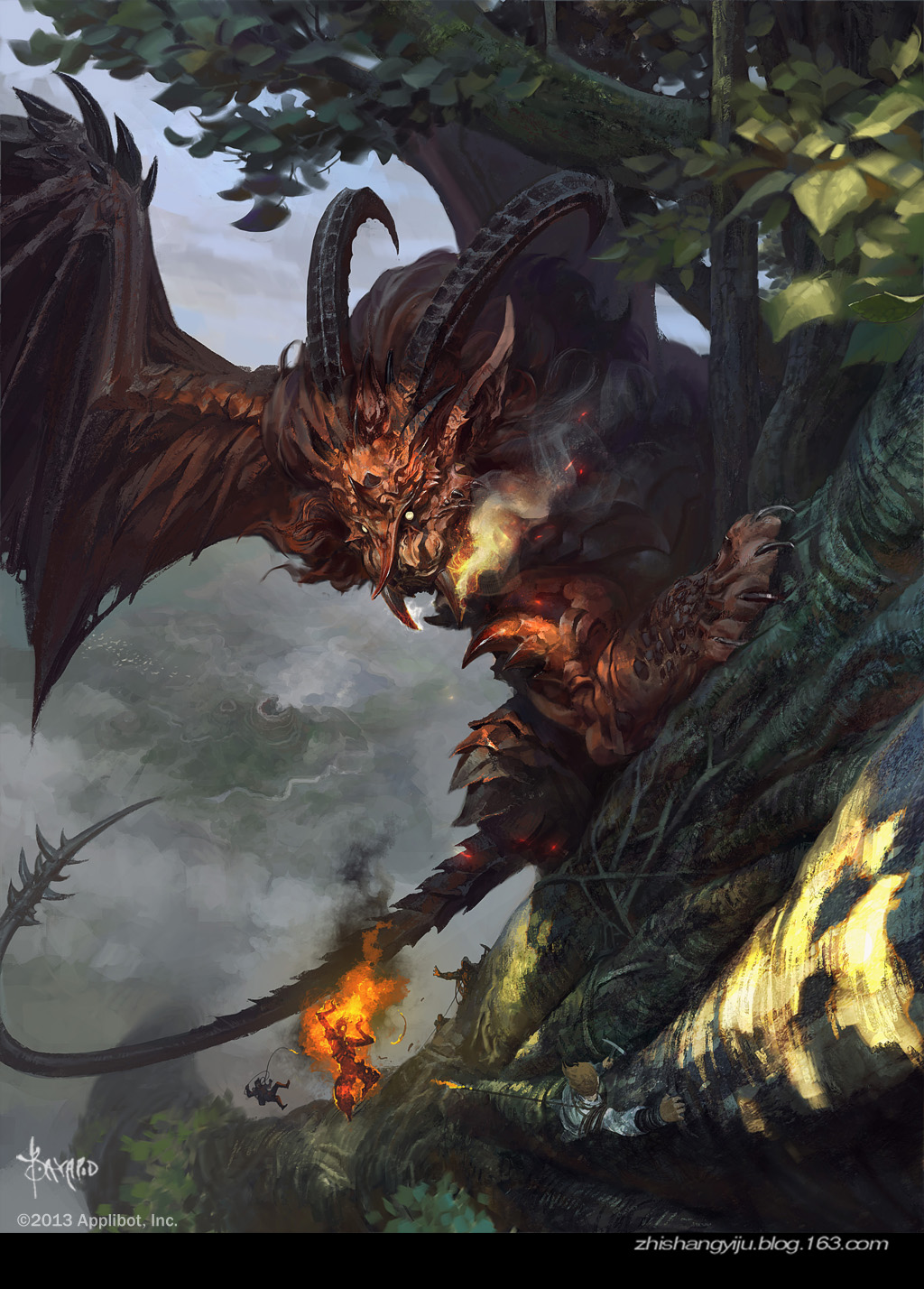 arrow artist_name bat_wings bayard_wu chimera faceless faceless_male fangs fire fur_trim highres horns leaf legend_of_the_cryptids monster no_humans open_mouth sky solo tail tree watermark web_address wings yellow_eyes