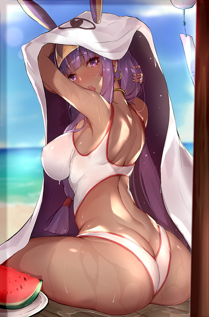 &lt;o&gt;_&lt;o&gt; 1girl animal_ears ass back beach blue_sky blurry blurry_background blush breasts butt_crack clouds cloudy_sky commentary_request competition_swimsuit dark_skin day depth_of_field earrings erect_nipples eyebrows_visible_through_hair facepaint facial_mark fate/grand_order fate_(series) food from_behind fruit hand_in_hair hoop_earrings impossible_clothes jackal_ears jewelry large_breasts long_hair looking_at_viewer looking_back low-tied_long_hair medjed nitocris_(fate/grand_order) nitocris_(swimsuit_assassin)_(fate) ocean one-piece_swimsuit open_mouth outdoors purple_hair sherryqq sideboob sitting sky solo swimsuit violet_eyes watermelon wet wet_clothes wet_hair white_swimsuit wooden_floor