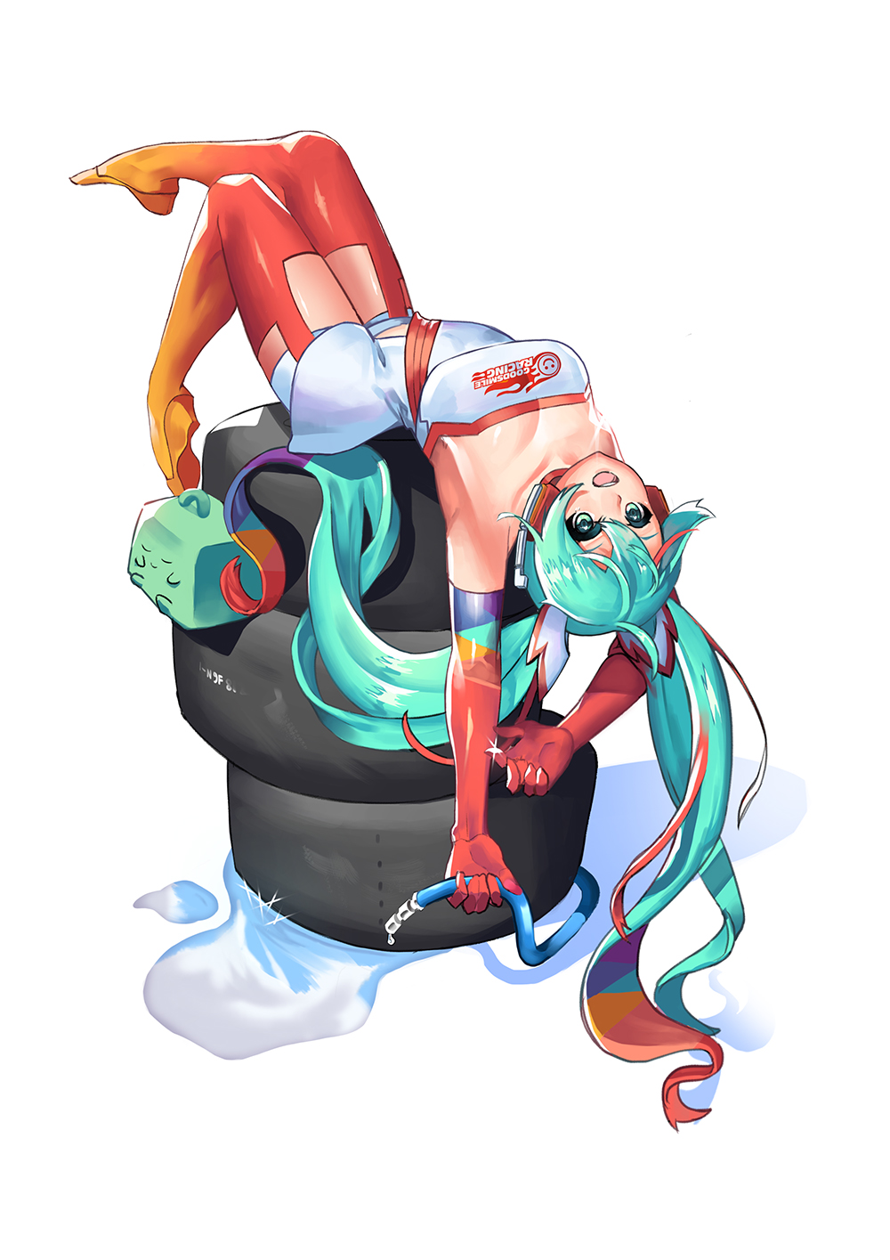 1girl :d aqua_gloves aqua_hair bangs bare_shoulders beudyek blonde_hair blue_gloves blue_hair breasts collarbone dress elbow_gloves eyebrows_visible_through_hair gloves gradient gradient_legwear green_eyes green_hair hair_between_eyes hatsune_miku headset highres holding holding_hose hose long_hair looking_at_viewer lying medium_breasts multicolored multicolored_clothes multicolored_gloves multicolored_hair on_back open_mouth orange_footwear orange_gloves orange_hair orange_legwear purple_gloves racequeen racing_miku racing_miku_(2016) red_gloves red_legwear redhead round_teeth shoes short_shorts shorts smile solo sparkle strapless strapless_dress teeth tire twintails upper_teeth very_long_hair vocaloid water white_background white_dress white_shorts