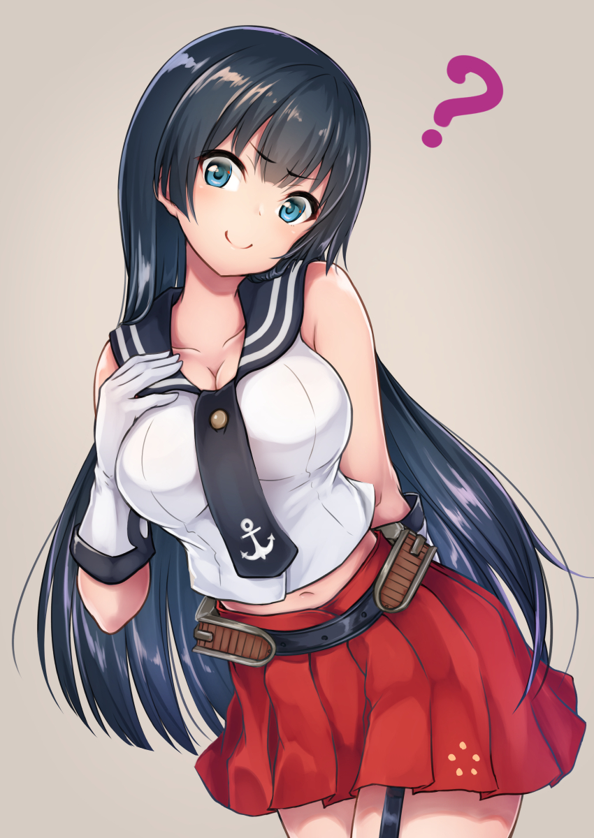 1girl ? agano_(kantai_collection) anchor_symbol arm_behind_back bangs black_belt black_hair black_neckwear black_sailor_collar blue_eyes blush breasts cleavage collarbone cowboy_shot eyebrows_visible_through_hair furrowed_eyebrows garter_straps gloves grey_background hair_between_eyes hand_on_own_chest hand_up head_tilt highres kantai_collection large_breasts leaning_forward long_hair looking_at_viewer medium_skirt midriff mouth_hold navel necktie oonaka_ito pleated_skirt red_skirt sailor_collar shiny shiny_hair sidelocks simple_background skirt sleeveless smile solo standing straight_hair very_long_hair white_gloves