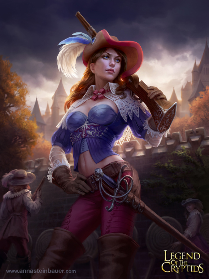 1girl back belt blue_eyes boots breasts brown_hair capelet cleavage clouds cloudy_sky copyright_name curly_hair depingo faceless faceless_female feathers gloves gun hat legend_of_the_cryptids long_hair midriff musket musketeer navel official_art sky sword tree watermark weapon web_address