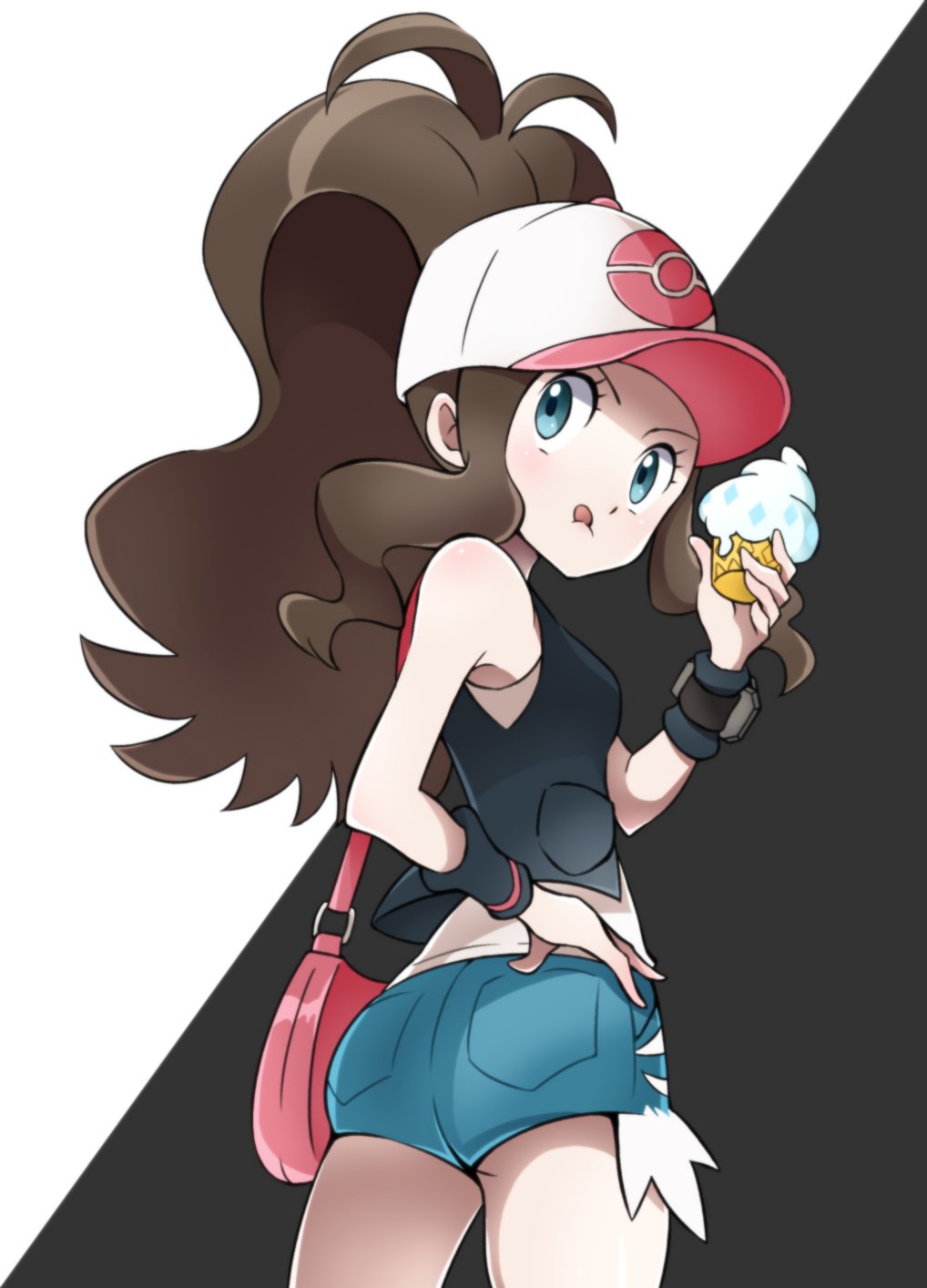 1girl ass bangs baseball_cap black_vest black_wristband blue_eyes brown_hair cowboy_shot creatures_(company) cutoffs denim denim_shorts food game_freak hat highres ice_cream kisama long_hair nintendo pokemon pokemon_(creature) pokemon_(game) pokemon_bw ponytail shirt shorts simple_background solo standing tongue tongue_out touko_(pokemon) upper_body vanillite vest white_shirt