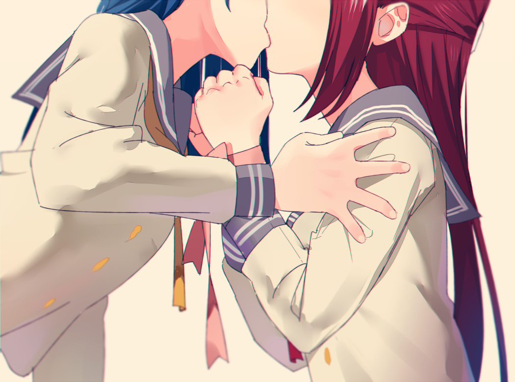 2girls blue_hair bound bound_wrists clenched_hands grey_sailor_collar hair_ornament hairclip hand_on_another's_shoulder hands_up head_out_of_frame kiss long_hair love_live! love_live!_sunshine!! multiple_girls neckerchief pink_ribbon red_neckwear redhead ribbon sailor_collar sakurauchi_riko school_uniform sellel serafuku tsushima_yoshiko upper_body uranohoshi_school_uniform yellow_neckwear yuri