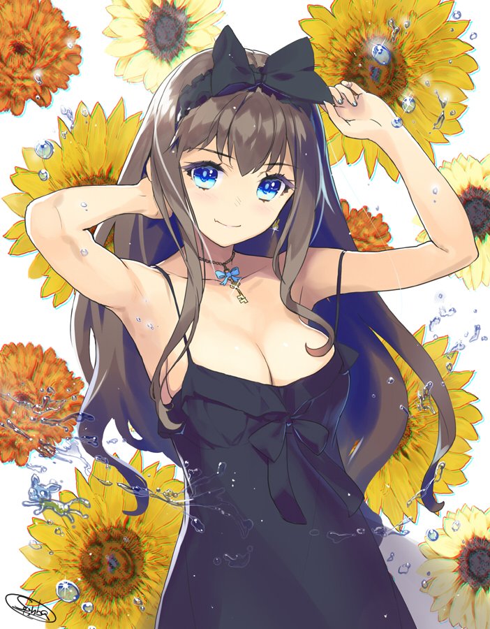 1girl bare_shoulders blue_eyes blush bow breasts brown_hair cleavage closed_mouth collarbone dress flower hair_between_eyes hair_ribbon jewelry large_breasts long_hair looking_at_viewer necklace original ribbon sanbasou sleeveless smile solo sunflower