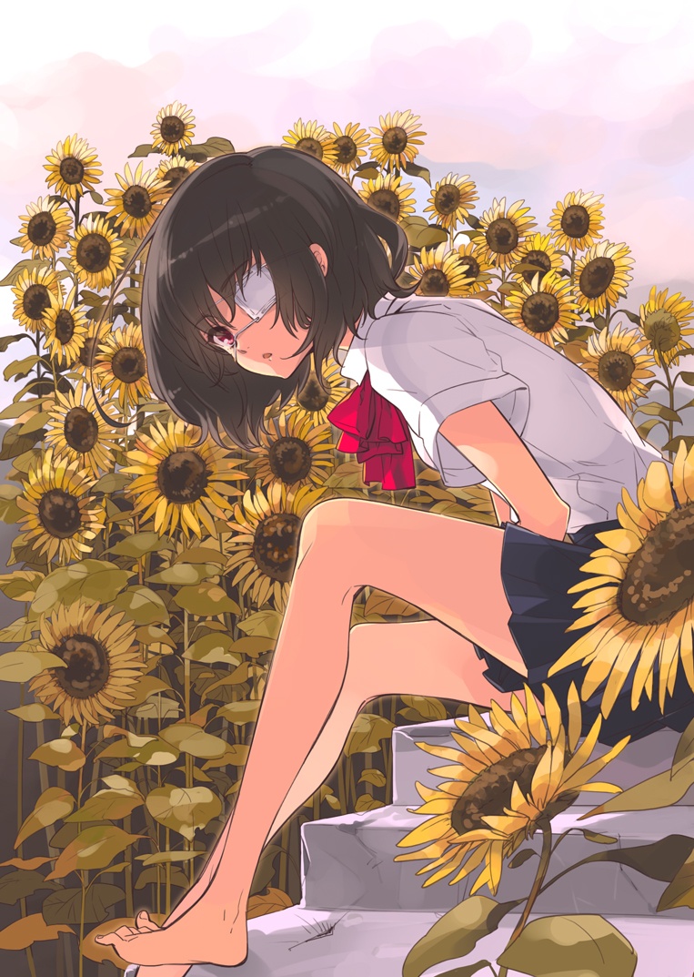 1girl another bare_legs barefoot black_hair black_skirt eyepatch flower itou_noiji miniskirt misaki_mei red_eyes school_uniform shirt short_hair short_sleeves skirt solo sunflower white_shirt