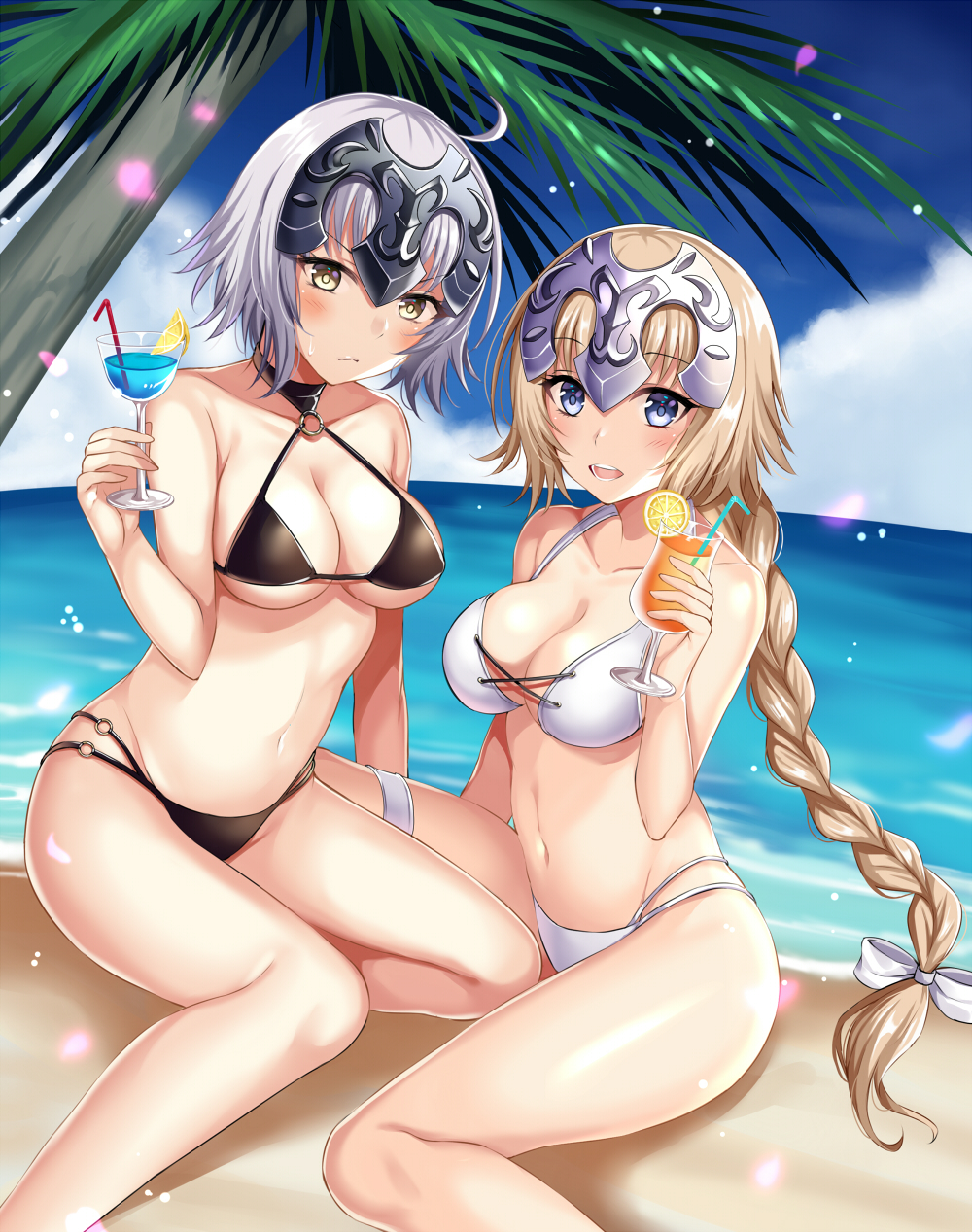 2girls bangs bare_arms bare_shoulders beach bendy_straw bikini black_bikini blonde_hair blue_eyes blue_sky blush bow braid brown_eyes clouds collarbone commentary_request cup day drink drinking_glass drinking_straw eyebrows_visible_through_hair fate/apocrypha fate/grand_order fate_(series) hair_bow halter_top halterneck harimoji headpiece highres holding holding_drinking_glass horizon jeanne_d'arc_(alter)_(fate) jeanne_d'arc_(fate) jeanne_d'arc_(fate)_(all) long_hair looking_at_viewer low_ponytail multi-strapped_bikini multiple_girls navel o-ring o-ring_bikini o-ring_bottom o-ring_top ocean open_mouth outdoors palm_tree petals ponytail round_teeth sand short_hair sidelocks silver_hair single_braid sitting sky swimsuit teeth tree upper_teeth very_long_hair water white_bikini white_bow