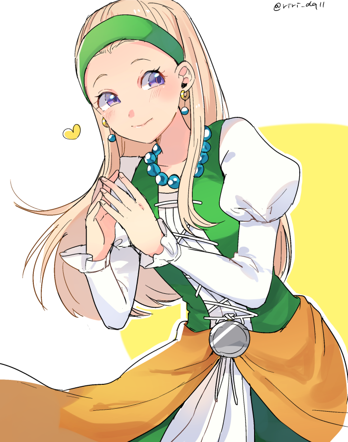 1girl bead_necklace beads blonde_hair closed_mouth collarbone dragon_quest dragon_quest_xi dress earrings fingers_together green_hairband hair_slicked_back hairband heart jewelry juliet_sleeves long_hair long_sleeves necklace puffy_sleeves ririmon senya_(dq11) smile solo straight_hair twitter_username violet_eyes