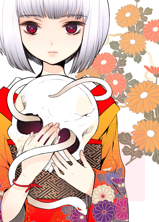 1girl bob_cut floral_background itou_noiji japanese_clothes kimono obi original red_eyes sash short_hair skull snake upper_body white_hair