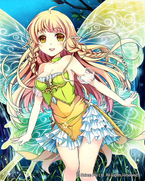 1girl bare_shoulders blonde_hair braid breasts butterfly_wings cleavage commentary_request dress fairy fairy_wings long_hair medium_breasts open_mouth original pointy_ears smile solo tin_(wsp85205) twin_braids watermark wings yellow_eyes