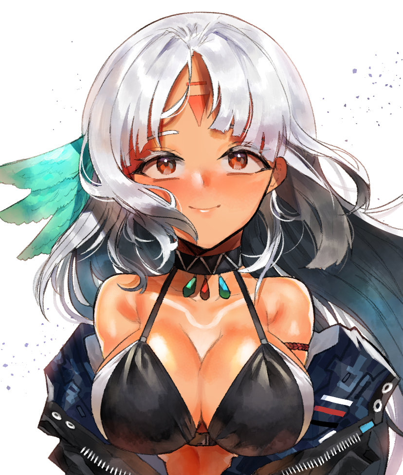 1girl applepeaceee azur_lane bare_shoulders bikini_top breasts brown_eyes cleavage facepaint feathers hair_feathers large_breasts long_hair looking_at_viewer massachusetts_(azur_lane) multicolored_hair native_american open_clothes silver_hair solo tan zipper