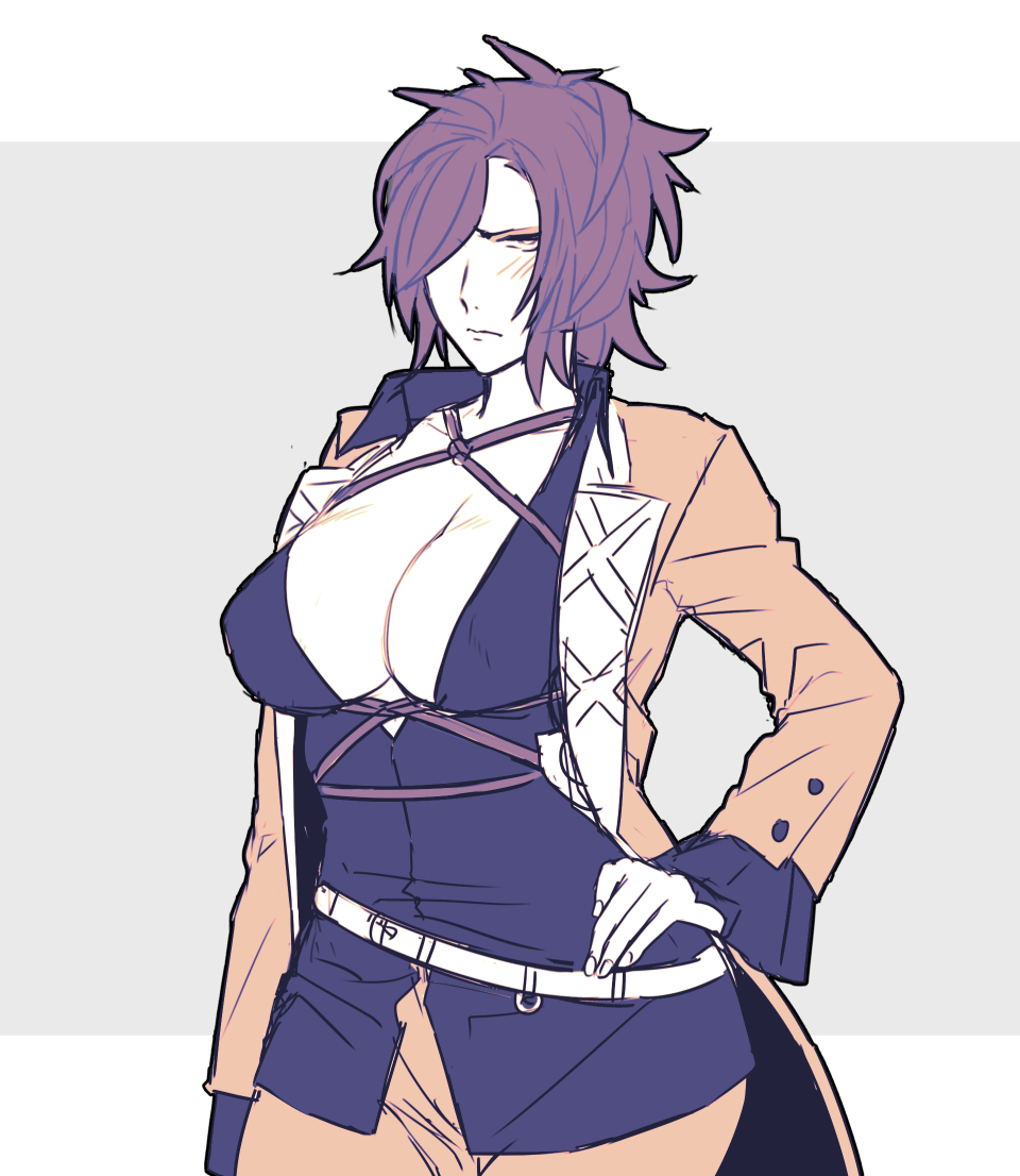 1girl blush breasts cleavage closed_mouth genderswap genderswap_(mtf) hair_over_one_eye hand_on_hip jacket juzumaru_tsunetsugu large_breasts limited_palette looking_at_viewer medium_hair messy_hair open_clothes open_jacket ouse_(otussger) touken_ranbu